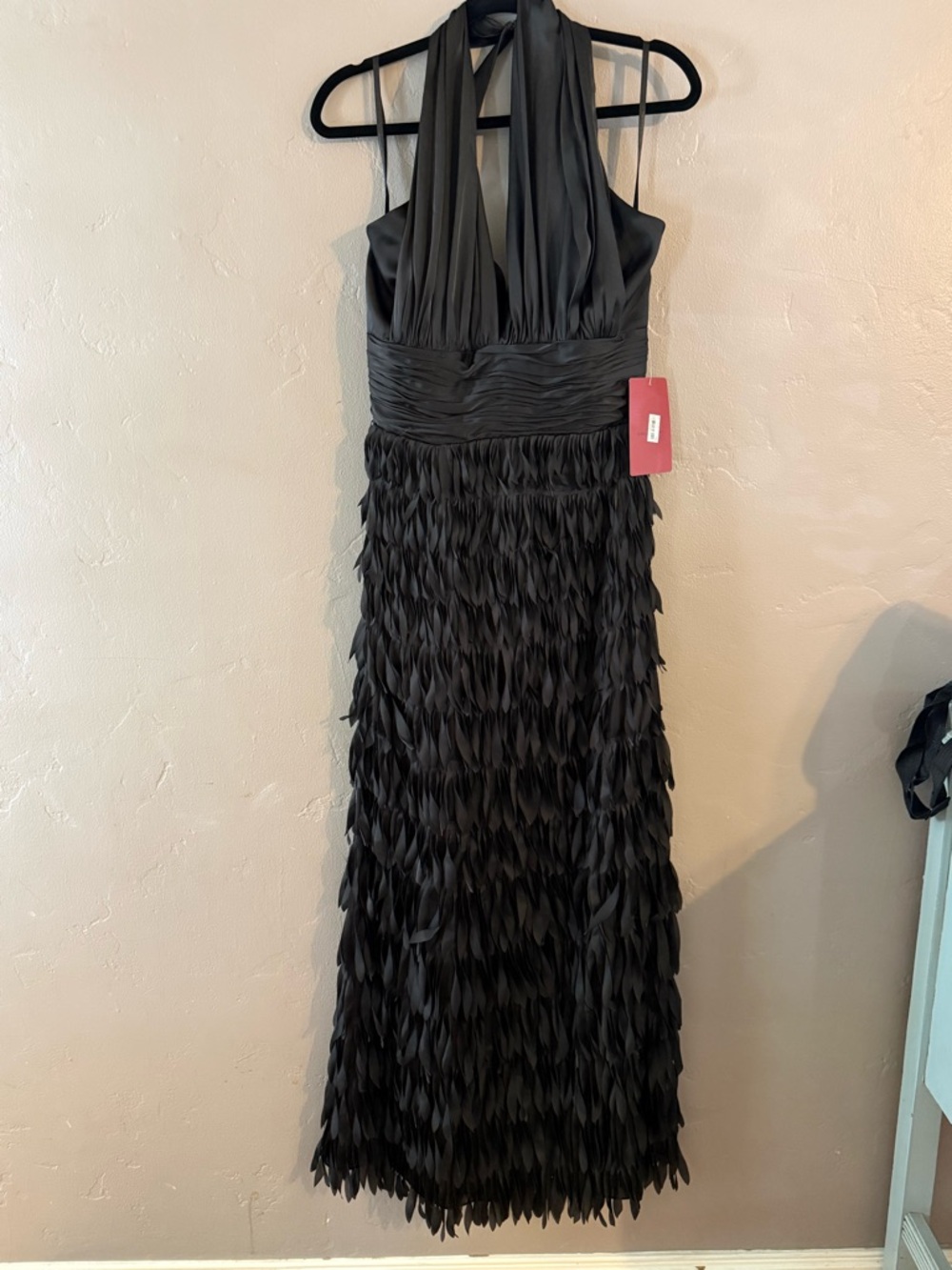 JS Collections Black Halter Maxi Dress with Feathered Skirt